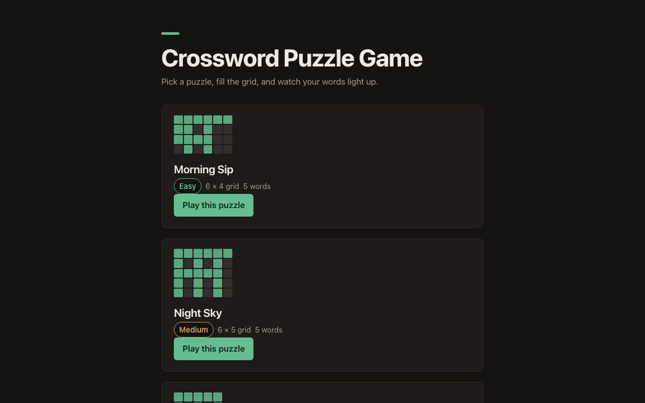 Crossword Puzzle Game: three puzzles to pick from, each with its grid preview