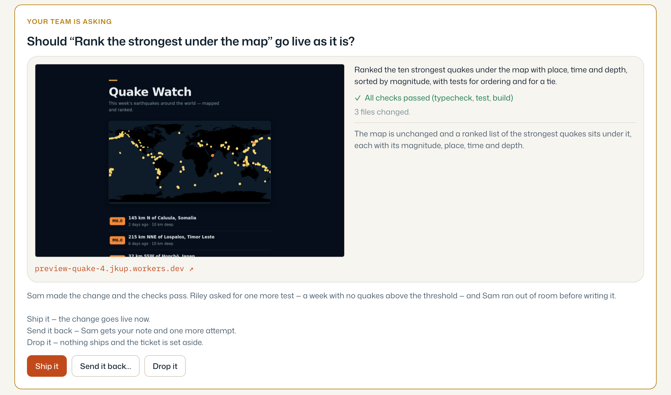 A question card: should this change go live as it is, with a preview of the page, the checks passing, and Ship it, Send it back and Drop it buttons.